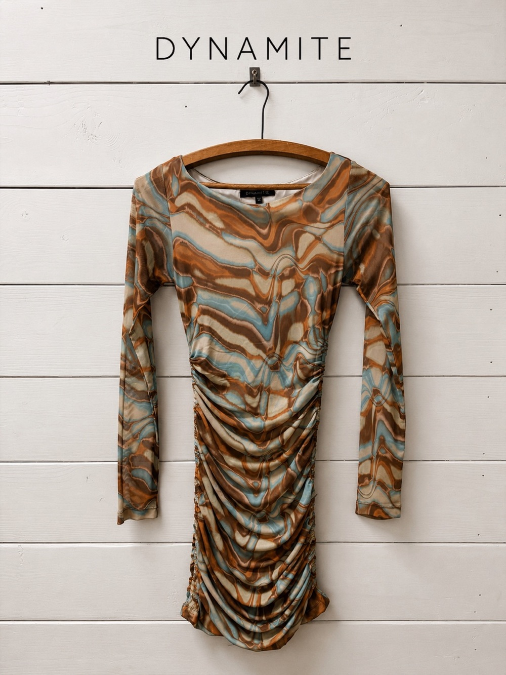 Dynamite Mesh Ruched Mini Dress – Abstract Marble Print – Brown & Blue – Size XS